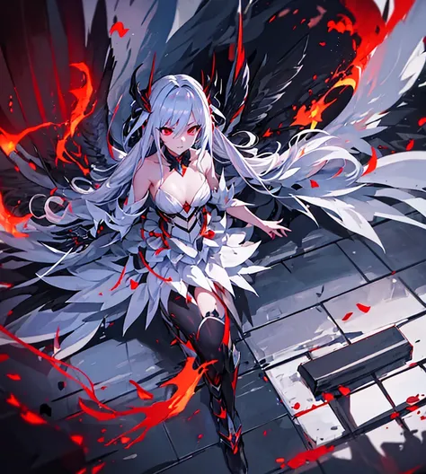 Silver hair, twin drills, abyss, large black wings, red flames on his left hand, blue flames on his right hand, countless swords all over his body, sharp gaze, red light running through his eyes, raised corners of his mouth, open arms, blue flames, all alo...