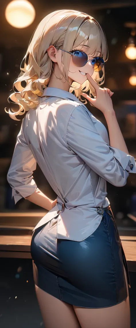 (((One girl))), (((from behind))), (((back view))), (tanned skin:1.3), blond hair, inwardly curled hair, ((sunglasses, hand to sunglasses)), peace fingers, one hand on hip, ((bob cut:1.3, wavy hair)), (upper body), (looking back), ((((white unbuttoned shir...