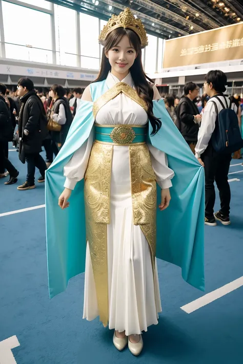 portrait of a beautiful japanese cosplay girl at comiket in tokyo, (cosplaying as boa hancock from one piece:1.3), (sexy costume:1.2), (large breasts:1.1), solo, (full body shot:1.3), (dynamic pose:1.2), (smiling mischievously at camera:1.2), (perfect anim...