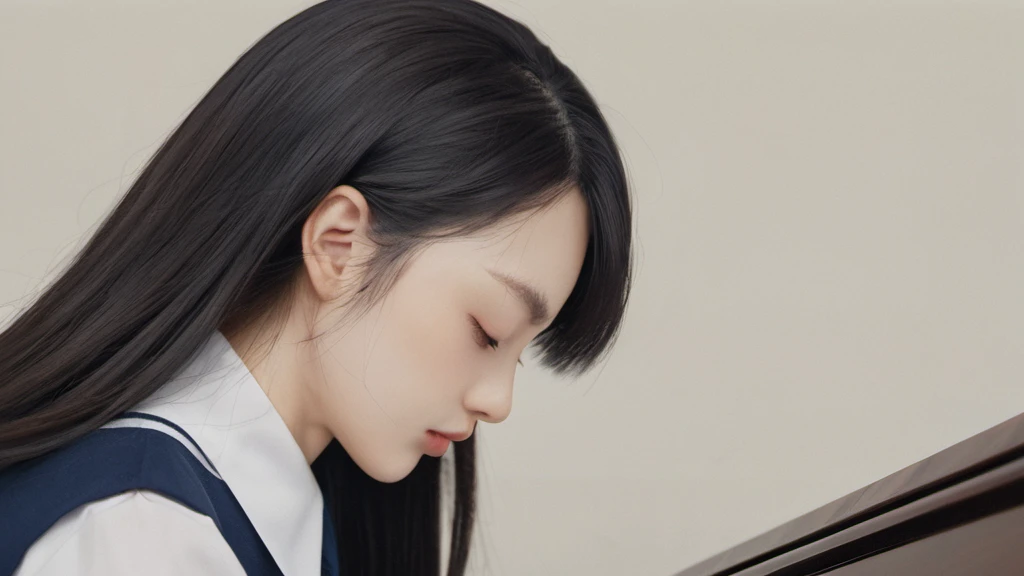 xxmixgirl,Illustration of girl in uniform with dyed hair,Zhang Jinghao style,dark gray and light black,8K resolution,Miho Hirano,close-up strength,character caricature,Albert Edelfeldt, playing piano
