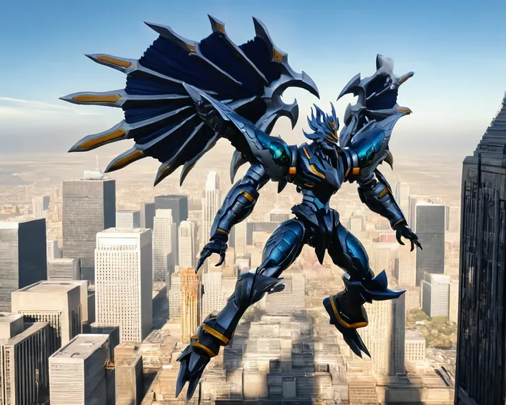 a winged dexdoru looming over a cityscape,raw photo,8k,cinematic shot,professional lighting, garuda, ultra realistic, 8K, Silver black 