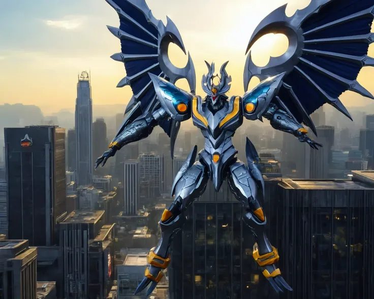 a winged dexdoru looming over a cityscape,raw photo,8k,cinematic shot,professional lighting, garuda, ultra realistic, 8K, Silver black 