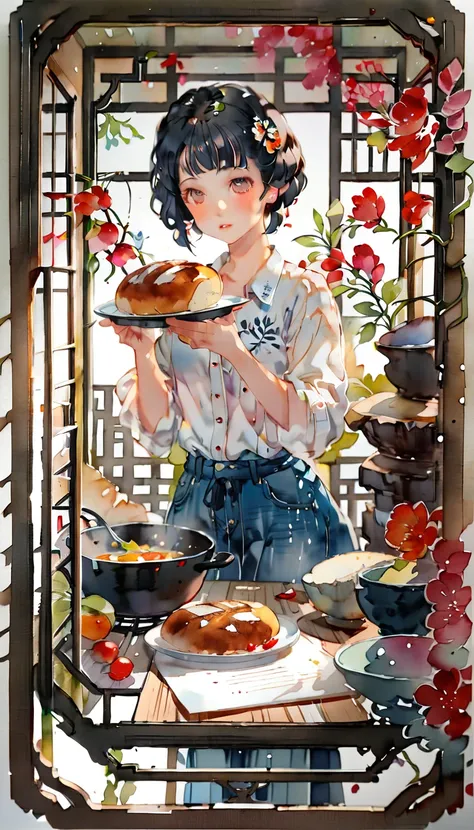 (((paper cutting style))), (frame of illustration is 3D paper cutting: 1.2), (denim and shirts), (black short hair), (random angle), (random pose), 1 girl, cooking bread