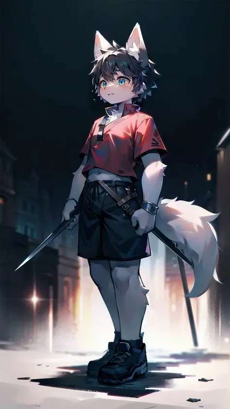 White Wolf，Black Hair，Sky blue eyes，hairy，Wolf ears，Wolf Tail，Full body portrait，The character is in the center of the screen，Handsome，Confident gaze***but，juvenile，Black and white combat uniform，Red bib，Black shorts，Short sleeve，hairy arms and legs，Dark b...