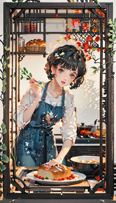 (((paper cutting style))), (frame of illustration is 3D paper cutting: 1.2), (denim and shirts), (black short hair), (random angle), (random pose), 1 girl, cooking bread