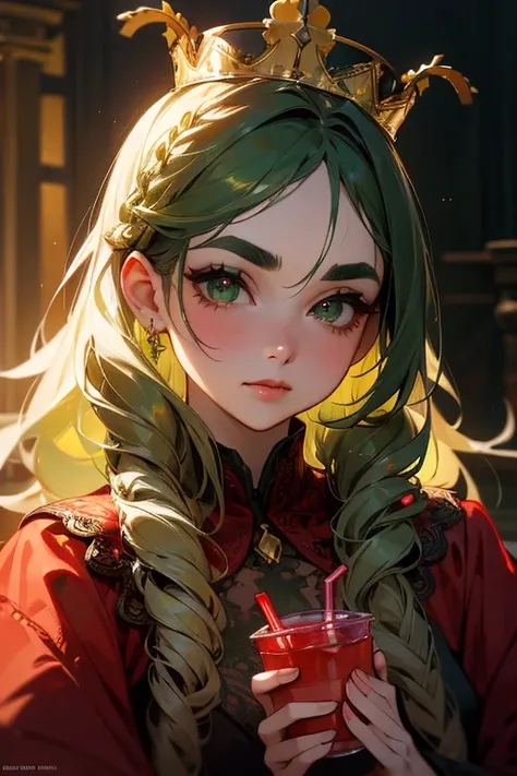 (Highest quality, masterpiece:1.2), High resolution, Very detailed, Realistic:1.37, Fantasy, An illustration, Green Eyes、Queen, Red lace dress.Platinum decoration、beautifully、Eyeshadow Red、Thick eyebrows、Long eyelashes、pupils are black、Her hair is dark gre...