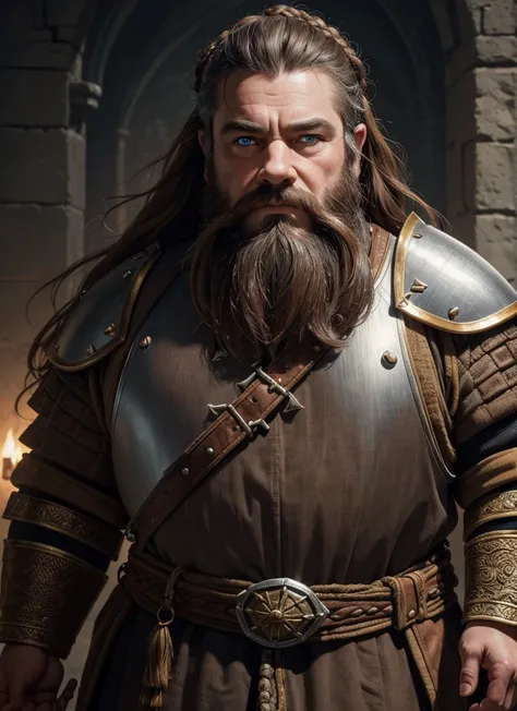 young Dwarf in full plate armor, medieval fantasy dwarf, stark, plumpness, with light brown hair and a long braided beard, wearing full plate armor, a mad look, fully body, standing alone, fancy, Dwarf Medieval RPG, Closeup portrait of a dwarf with a braid...