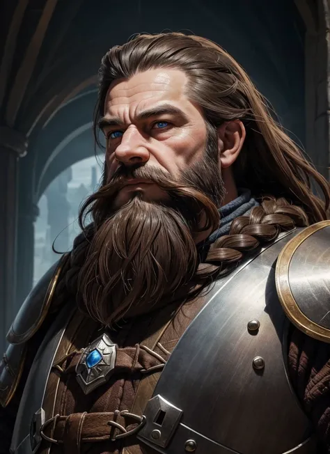 young Dwarf in full plate armor, medieval fantasy dwarf, stark, plumpness, with light brown hair and a long braided beard, wearing full plate armor, a mad look, fully body, standing alone, fancy, Dwarf Medieval RPG, Closeup portrait of a dwarf with a braid...