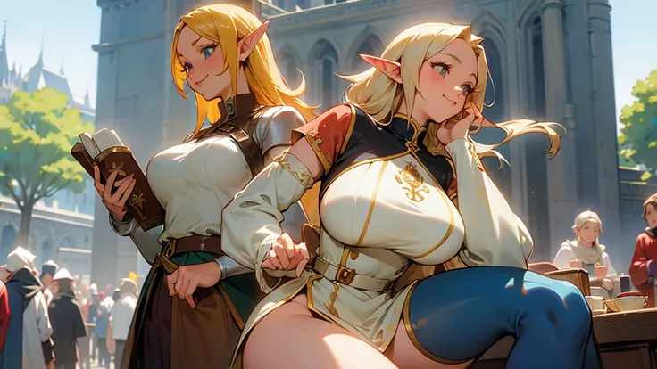 Anime Style,Nostalgic,Detailed background,The medieval world,A bustling square with many people,Beautiful elf girl holding a smiling bard coffee,Large Breasts,Healthy thighs,Underarm