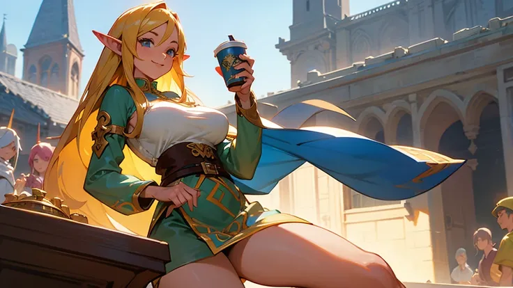 Anime Style,Nostalgic,Detailed background,The medieval world,A bustling square with many people,Beautiful elf girl holding a smiling bard coffee,Large Breasts,Healthy thighs,Underarm