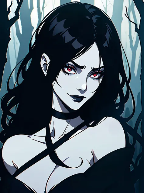 closeup, goth girl, gothic,1woman,dark forest,red eyes,dark ambient,low saturation,anime style,pale skin,long flowing hair,(naked),topless,silhouette,surreal background,mysterious atmosphere,intense emotions,melancholic expression,lens flare,dramatic shado...