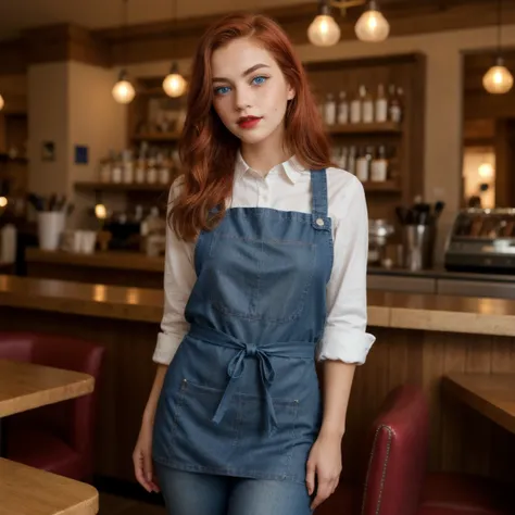 there is a girl, ((best quality)), ((detailed)),(masterpiece), ((perfect face, young)), ((red hair)), ((blue eyes)) long hair, freckles, makeup, natural face expressions, red lips, standing, wearing jeans and a top with an apron ((female waitress)), captur...