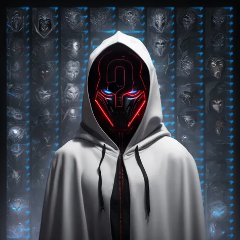 Close-up of a person in a hoodie with a white question mark., Wear sci-fi cape with hood, A surreal hooded body., Sith Lords Obscured by Hats, Wily, Mysterious Person, ( ( hesitant ) ), Hooded body, DarkSynth character images, dmt entities, What 8k?, black...