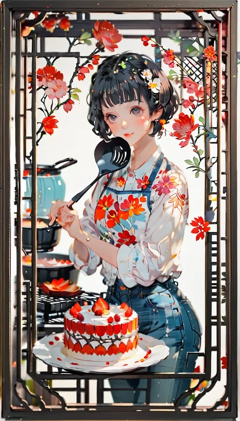 (((paper cutting style))), (frame of illustration is 3D paper cutting: 1.2), (denim and shirts), (black short hair), (random angle), (random pose), 1 girl, cooking cake