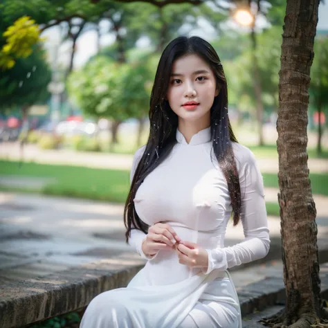 big breasts, round breasts, wearing bra inside ao dai, slim figure, beautiful figure, big breasts, long straight hair, ((sharp 8k quality photo)), ((details of beautiful, sharp face, face balanced) cho)), ((beautiful breasts, revealing cleavage, plump body...