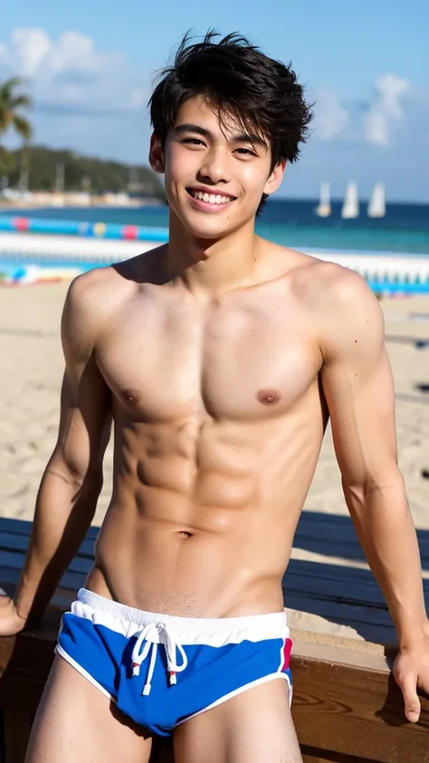 male Age 21 swimwear lifeguard topless smile