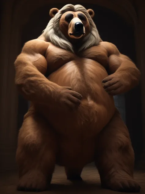 furry, fur taur, beartaur, middle-age,1man, solo, old, detailed face, bear ears, bear eyes(brown), bear nose(black), bear mouth, garibaldi beard(white), mature hair(white), detailed arms(strongest), hands(5 fingers), detailed body belly, muscular, muscular...