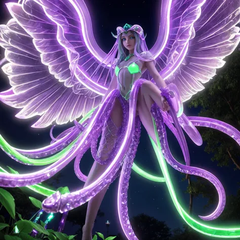 A eldritch angel (central body of a violet lion, 6 pairs of radiant crystal wings, numerous white tentacle eyestalks with neon green eyes) has appeared in a holy corona and approaching the viewer set in a park in daytime
