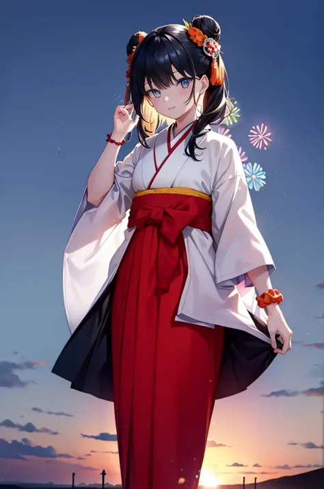 Takada Rokka, Black Hair, blue eyes, Long Hair, orange Scrunchie, Scrunchie, wrist Scrunchie,White Kimono,Thick sleeves,Long skirt,Sandals,日本のfestival,夏festivalの屋台,Red lantern,Hair Bun, double  Hair Bun,happy smile, smile, Open your mouth,Fireworks,The pla...