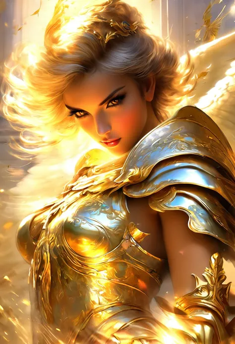 pintura de uma mulher com uma espada e uma espada na mão, arte digital by Yang J, vencedor do concurso pixiv, arte digital, full of paintings of anjos, anjoical, anjoic golden armor, beautiful anjo, anjo, archanjo, anjoic, an anjo of the dawn light, Atena ...