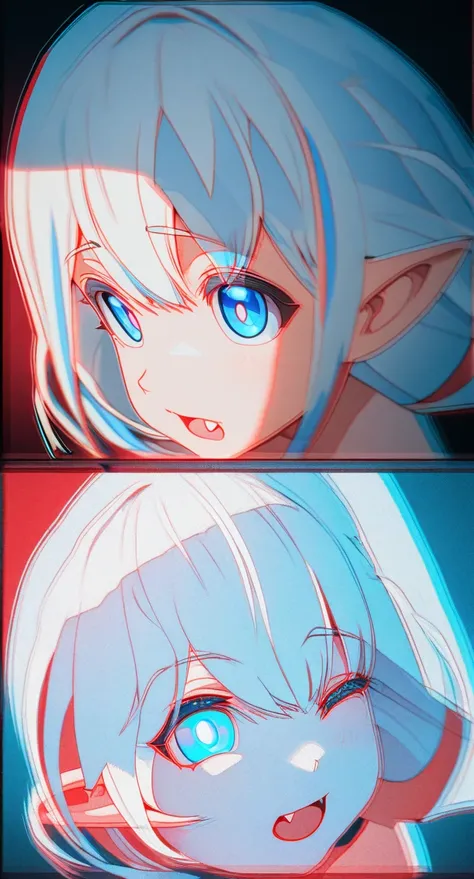 fang, white hair, wince, blue eyes, streaked hair, boy, hair strand, pointy ears, bright pupils, naughty, drop shadow, anaglyph, stereogram, tachi-e, atmospheric perspective, anime style, high detail, first-person view, close-up, 8k, super detail, masterpi...