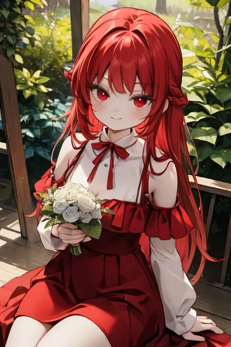 (8K, Highest quality, Tabletop:1.2)、Ultra-high resolution, Detailed face, Mischievous Smile, One 10-year-old girl, Red eyes, Red hair, Braiding, Long Hair, Red ribbon on head, Red dress, blue sky, in the forest, wood, table cloth, Set of cake and tea on th...