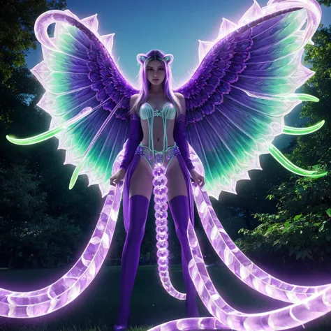 A eldritch angel (central body of a violet lion, 6 pairs of radiant crystal wings, numerous white tentacle eyestalks with neon green eyes) has appeared in a holy corona and approaching the viewer set in a park in daytime
