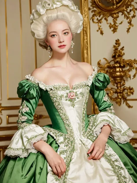 Close up of woman wearing green and white dress, dress in the style of Rococo, Rococo queen, Rococo fashion, 1 8th century style, Rococo dress, Rococo style portrait, Rococo portrait, historical baroque dresses, Rococo, Marie Antoinette, # Rococo, noble cl...