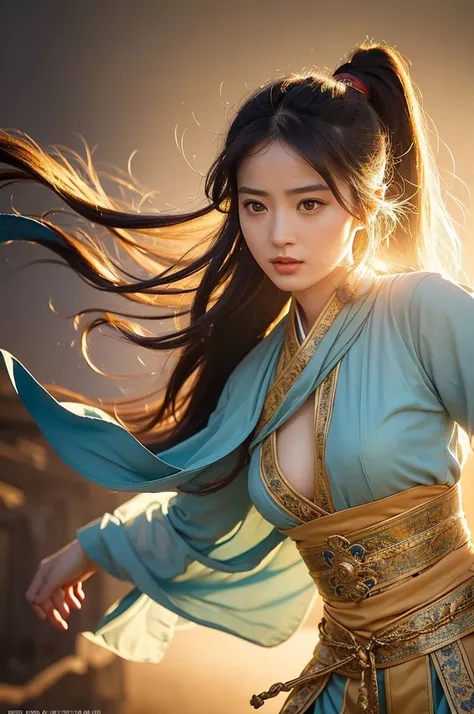 1girl, Dunhuang Flying Apsaras costume, messy long hair, Ji Jian, Dunhuang style, a lot of smoke, superb, elegant colors, (realistic, high detail, masterpiece, super detailed, dynamic angle, mural background, ink wash, amazing, movie lighting, illustration...