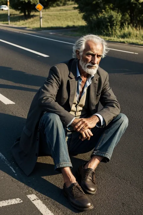 Raggedly dressed man Sitting on the side of the road alone, looking sad.