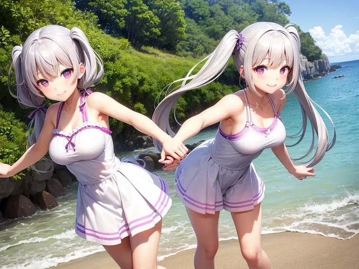 Highest quality, masterpiece, , ,short, Huge breasts, Gray Hair,Low twin tails, Purple eyes, Yukinecris, Thin twin tails,, Beach, Ocean, White dress, Swimwear,  (((shy))), (Happy), Leaning forward, summer, From above, Reaching out, smile,