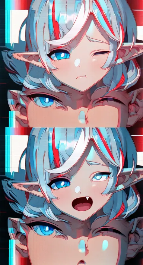 fang, white hair, wince, blue eyes, streaked hair, boy, hair strand, pointy ears, bright pupils, naughty, drop shadow, anaglyph, stereogram, tachi-e, anime style, high detail, pov, stats, 8k, super detail, masterpiece, anatomically correct