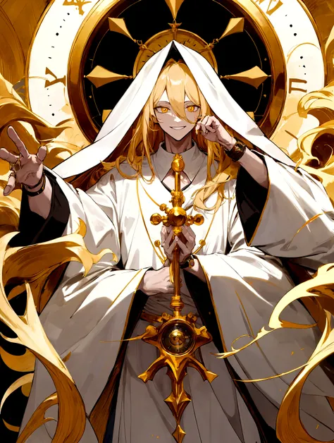 full-length, man, golden hair, crazy, crazy smile, white robe, sleeves of the robe turn into black, a clock in the pupils, the body is hung with a watch, in the hands of a gold watch