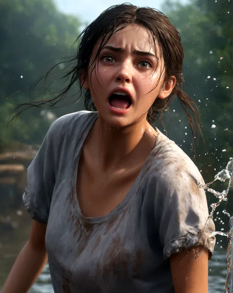 A girl, old ragged clothes (torn clothes 1.5), splashed water on her body (wet shirt 1.8), shocked face, hyper realistic, unreal engine, ultra detailed, perfect face, HD, photo art