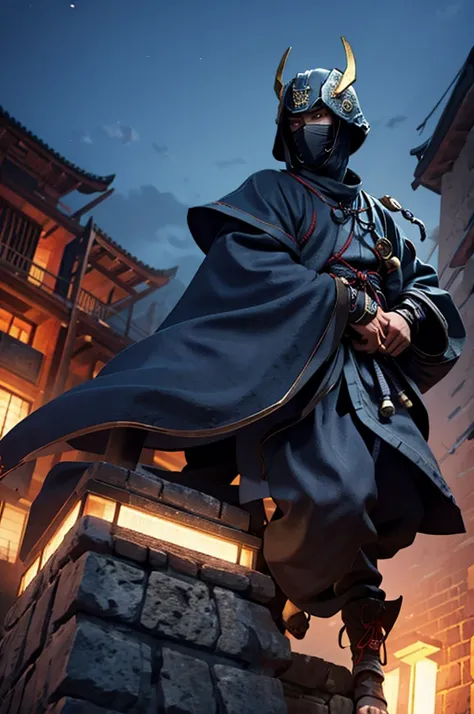 cool ninja knight samurai in a mask on the roof of a building at night