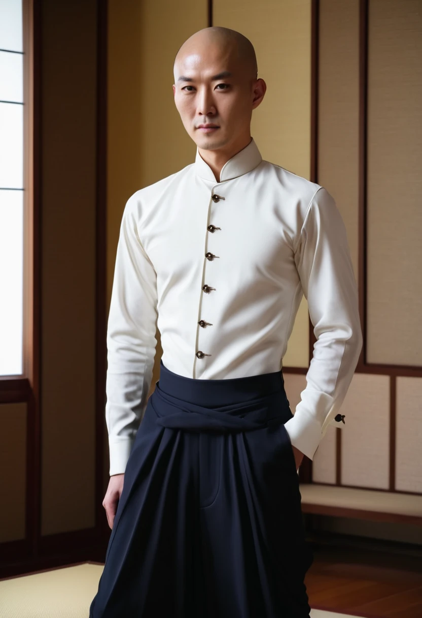 half body picture of a bald japanese model man with western face, small long head, wearing an elegant western dress, pants, in elegant room