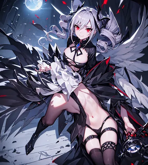 Silver hair, twin drills, abyss, large black wings, jet black sword in one hand, countless swords wrapped around the body, sharp gaze, red light in the eyes, raised corners of the mouth, open arms, blue flames, all alone, scary smile, back