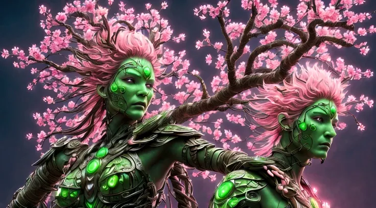 Plant Maiden，metal foil，Wired branch，eyepiece mechanical shell with bright light，moss-covered bark，tribal clothing，majestic figure，(ancient tribal marks)，Control the tendrils that extend from the arms，Neon lights dance on the body，(Lightning around branche...