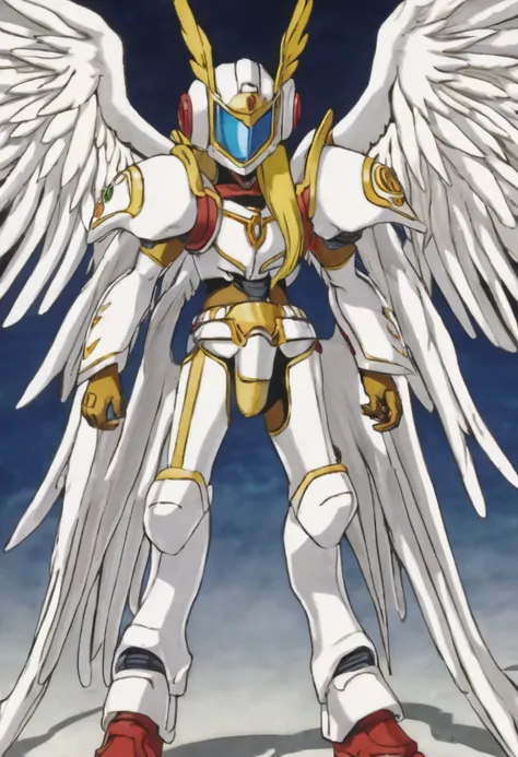 Angemon de Digimon Adventure, 1man,, solo, full body, blonde hair, head wings, helmet, (covered eyes:1.7), long hair, white battlesuit, angel wings, feathered wings, wings, anime screencap, american cowboy shot, masterpiece, the best quality, super detaile...