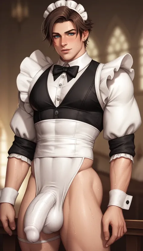 best quality, masterpiece, final fantasy 8, cosplay, squall leonhart, seifer almasy, medieval black and white maid outfit, brown hair, sexy, gay, homoerotic, big bulge, visible penis line, best view, perfect fingers, sweaty bodies, no watermark, no logo, n...