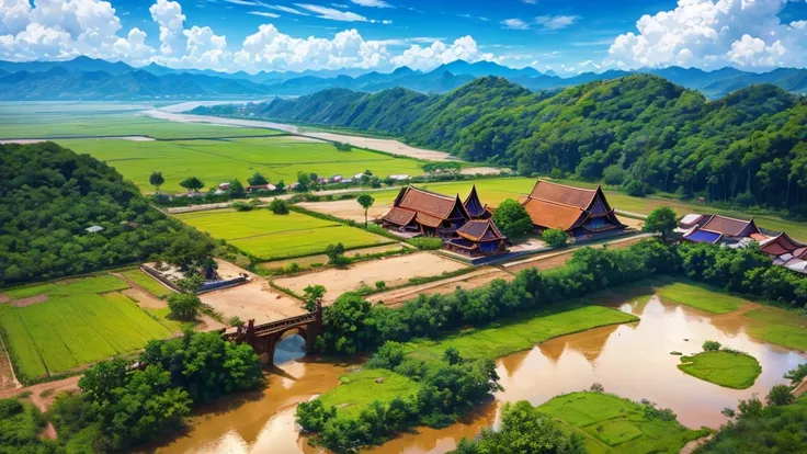 Beautiful scenery of an ancient village in Laos. Aerial view, Photorealistic photos, High definition,8K