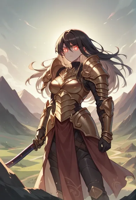 a princess with black and gold sumai armor, shougan armor, holding a long katana, glassy glowing eyes, brown long hair, landscape view