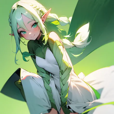  1 elf girl, simple white dress with green gradient, long white hair with green gradient, small braids, simple non-revealing dress that reaches up to her legs. Smiling expression. Looking at the viewer. Childish. 