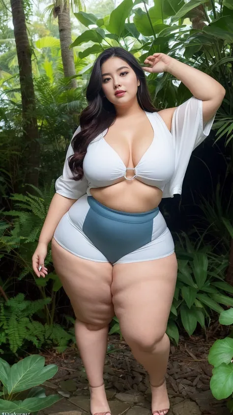 ((best quality)), ((masterpiece)), (detailed), perfect face, araffeTight skirtsShort , thicc, wavy short hair, she has a jiggly fat round belly, bbwchan, wearing tight simple clothes, skinny waist and thick hips, widest hips, her belly is fat and round, so...