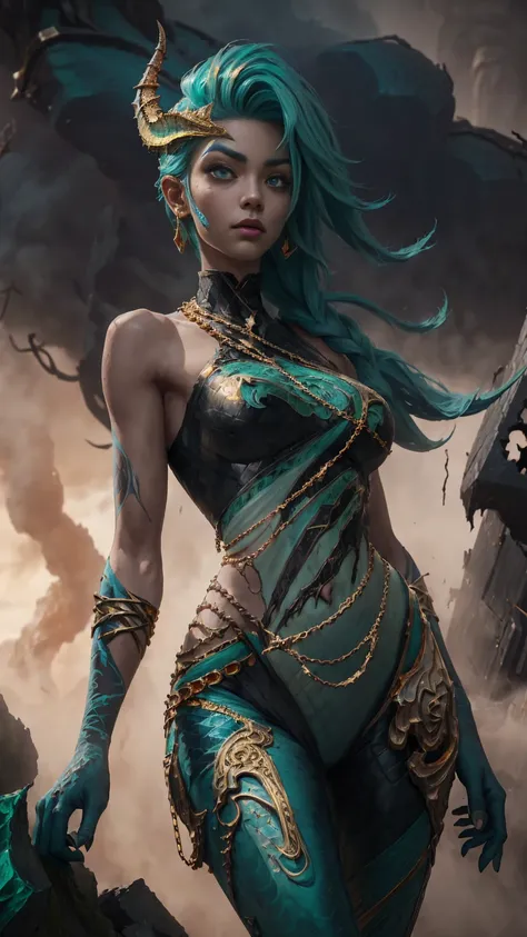 ((Tall girl reciting mantras)), peeking out from under his forehead, BREAK, (Fog in the background, chaos, destruction, Gold Chains:1.5), (Slim_thights:1.3), ((big breastes)), slender_thights, aqua hair, 1girl, solo, (shapely body:1.4), generous cleavage, ...