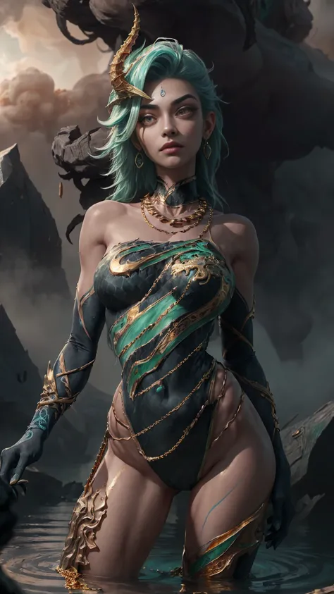 ((Tall girl reciting mantras)), peeking out from under his forehead, BREAK, (Fog in the background, chaos, destruction, Gold Chains:1.5), (Slim_thights:1.3), ((big breastes)), slender_thights, aqua hair, 1girl, solo, (shapely body:1.4), generous cleavage, ...