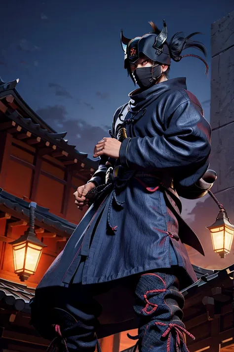 cool ninja knight samurai in a mask on the roof of a building at night