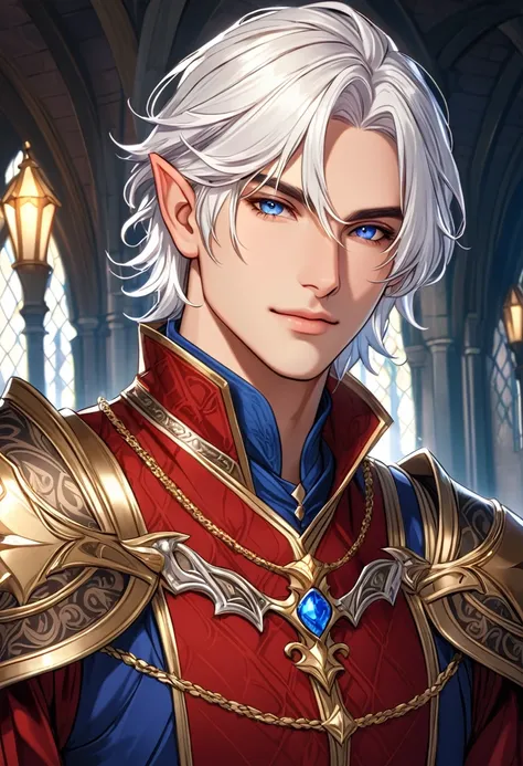 upper body , white hair ,blue eyes ,elf,short hair,Medieval Fantasy,luxury set,nobility,handsome man