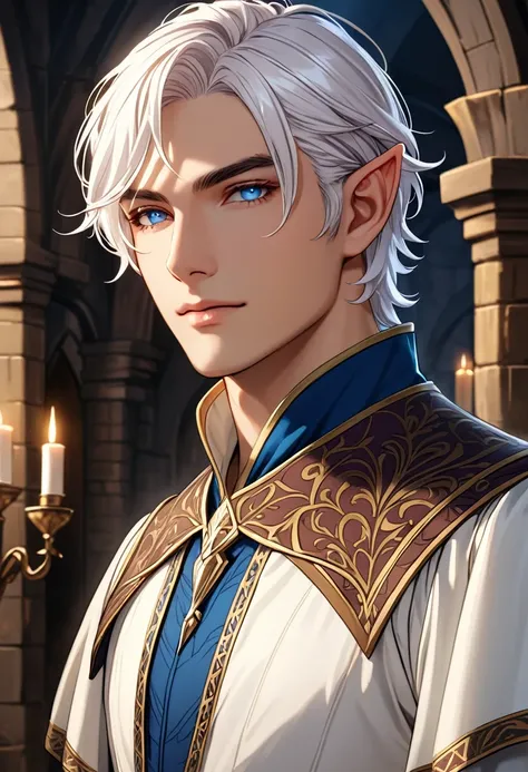 upper body , white hair ,blue eyes ,elf,short hair,Medieval Fantasy,luxury set,nobility,handsome man