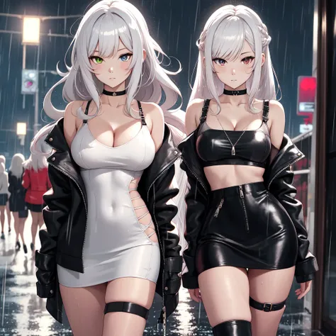 ONLY ONE ANIME GIRL 
THAT ONE Anime girl with long white hair and black leather jacket walking like a Grace itself on red carpet of high fashion show 
 Girl with silver hair, perfect girl, Seductive , Cyberpunk, bangs, strictly straight haircut, long hair,...